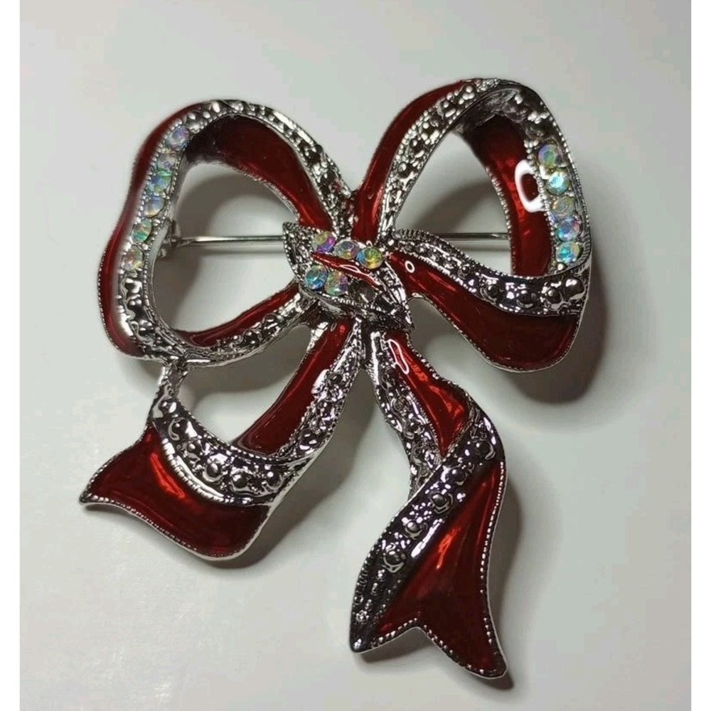 Red Enamel Bow Brooch AB Rhinestone Silver Tone Ribbon Christmas Holiday Pin